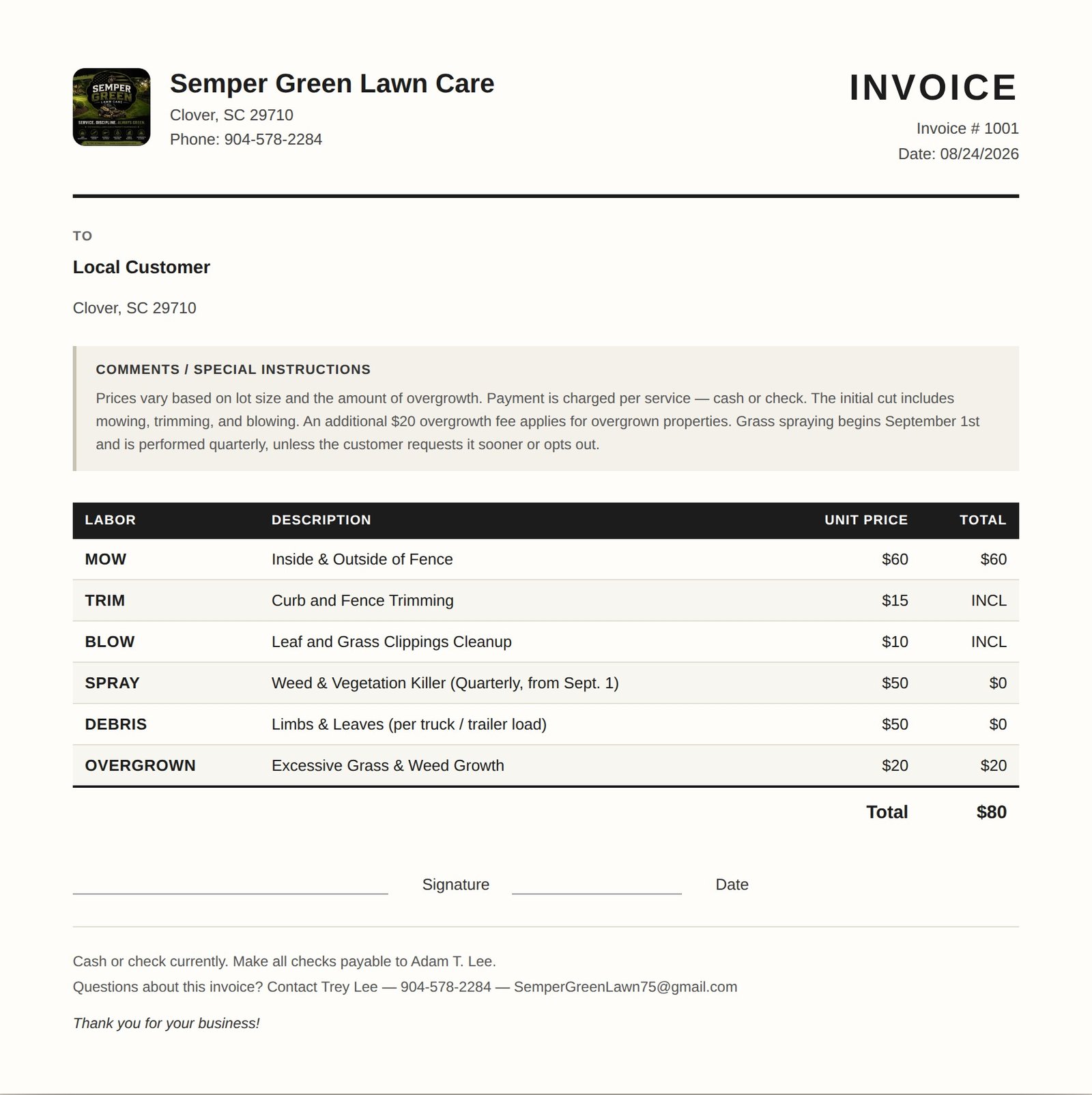 A real Semper Green Lawn Care paper invoice, showing cash-or-check payment terms and hand-tracked line items